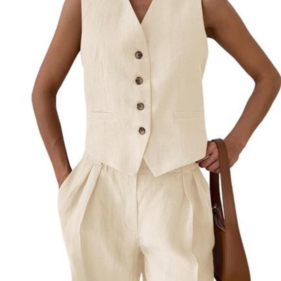 Women’s Generic linen 2 piece sets V Neck wide leg pants color cream Medium - Picture 4 of 9